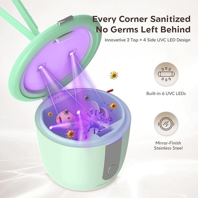MomMed Portable Pacifier Sanitizer with Smart Display, Dual 60/180s Disinfection Modes, Auto Shut-Off, UV Pacifier Holder Case for Baby Pacifiers, Teethers, Bottle Nipples and More(Green)