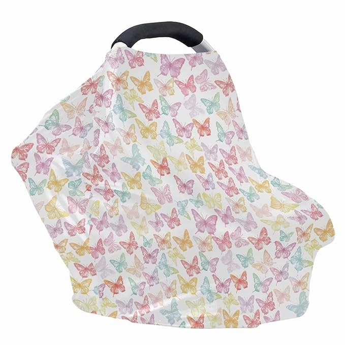 Biyejit Butterfly Print 5-in-1 Car Seat Cover Baby Boy Girl Gift, Privacy Breastfeeding Nursing Cover Newborn Infant Multi-use Carseat Canopy Carrier