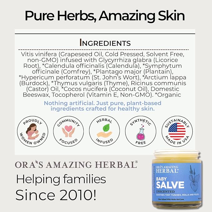 Baby Salve, Diaper Balm Ointment with Organic Coconut Oil, Natural Baby Cream with Calendula, 1 oz Travel Size, Ora's Amazing Herbal