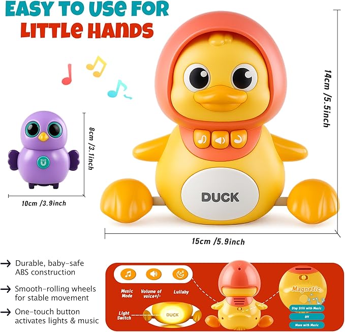 Crawling Duck Baby Toy with Music & Lights, Waddling Follow Duck Tummy Time Toy for Infants 6–12 Months, Developmental Learning Gift for 1 Year Old Toddlers Boys Girls