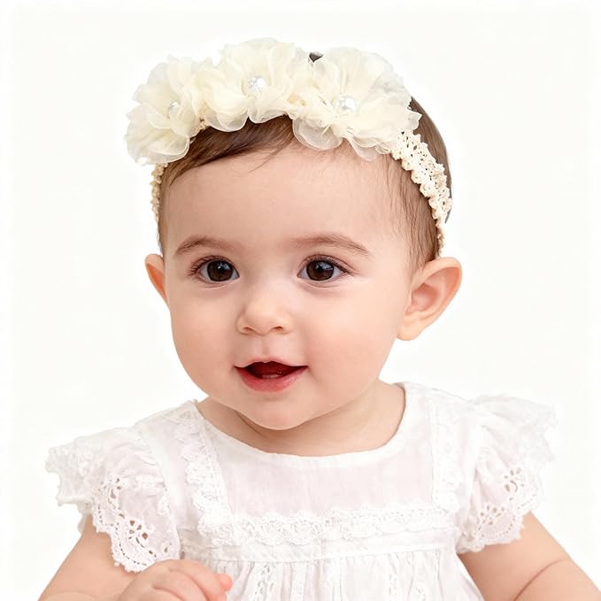Handmade Baby Girl Headbands in Beige and Pink Lace Flowers for Newborns and Toddlers Cute Baby Girl Flowers and Newborn Headbands (Beige Lace Pearl Floral, One Size)
