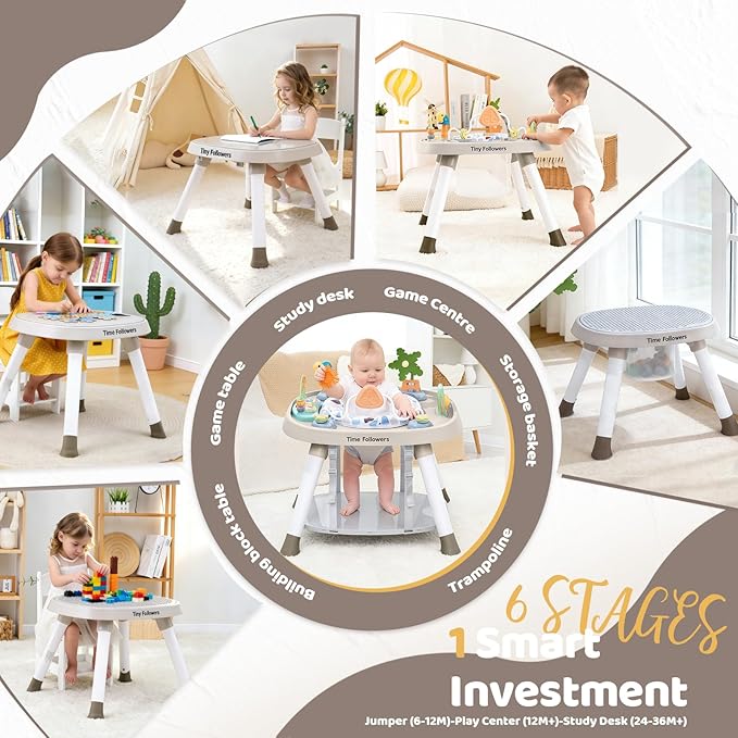 Time Followers® 6-in-1 Baby Activity Center | 4 Stage Montessori-Inspired Toys | Grow Stationary Standing Toddler Table | Jumpers & Bouncers | Must Have for Boy & Girl 6, 12, 24+ Month Old (Beige)