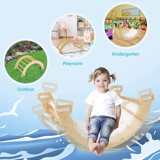 INFANS Wooden Arch Climber Rocker with Soft Cushion, 4 in 1 Montessori Climbing Ladder Toys for Toddlers, Waldorf Indoor Baby Children Ladder Gym Learning Playset Gift for Kids Boys Girls
