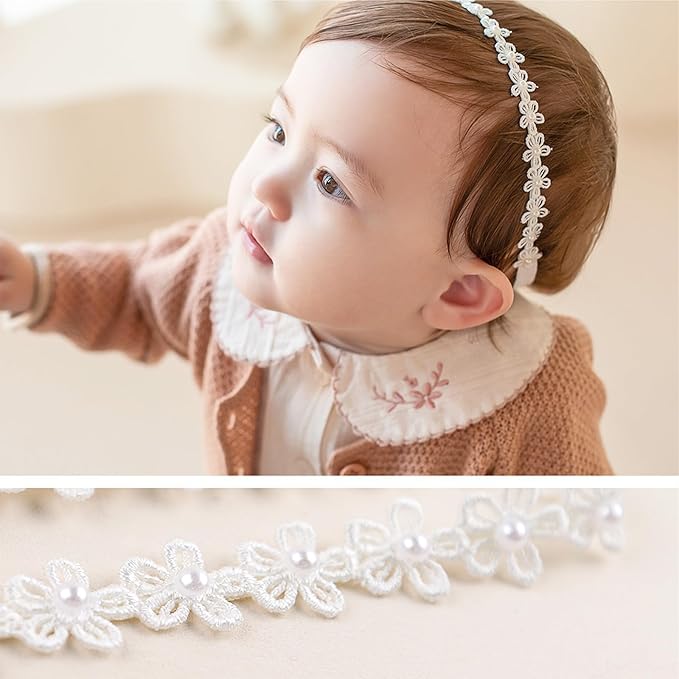 Baby Girls Flower Crown Headband Lace Handmade Floral Headbands Soft Elastic Band Daisy Hairband Newborn Infant Toddler Kids for Christening Baptism Birthday Party(White, Pearl)
