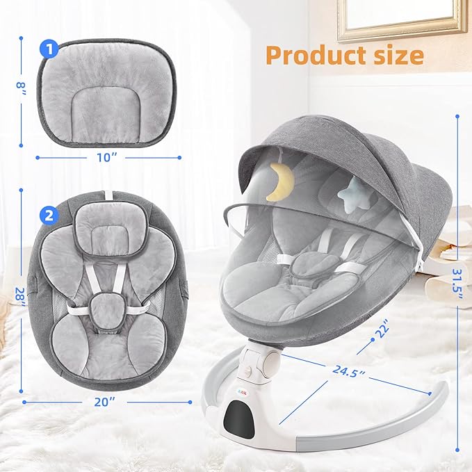 Jaoul Baby Swing for Infants - Electric Portable Newborn Bouncer, Timing Function, 5 Speeds, 3 Seat Positions for Boys and Girls (Gray)