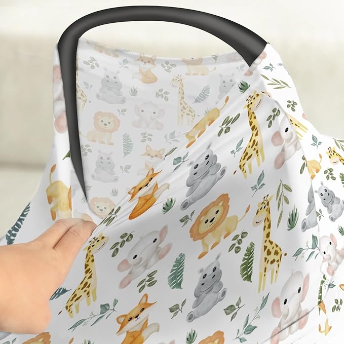 Safari Animals Baby Car Seat Covers Cute Lion Giraffe Elephant Hippo Tropical Leaves Stretchy 5-in-1 Cover Adjustable Infant Carseat Cover Canopy Zoo Jungle Breathable Nursing Cover-Up