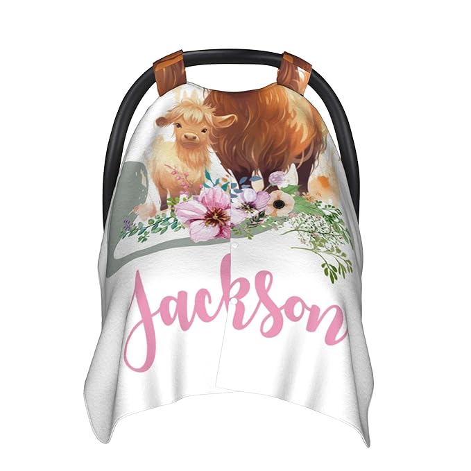 Personalized Highland Cow Carseat Cover for Baby Custom Name Car Seat Canopy for Newborn Baby Boys Girls 2 in 1 Mom Nursing Breastfeeding Covers Minky Baby Carrier Stroller Covers