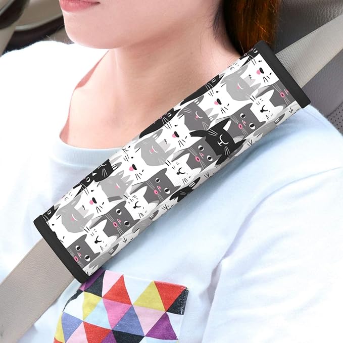 Cartoon Cat Kitten Seat Belt Cover Fits Cars Trucks SUV Sedans Sweat Absorption Car Seatbelt Strap Cover, Cute Auto Interior Accessories Protector