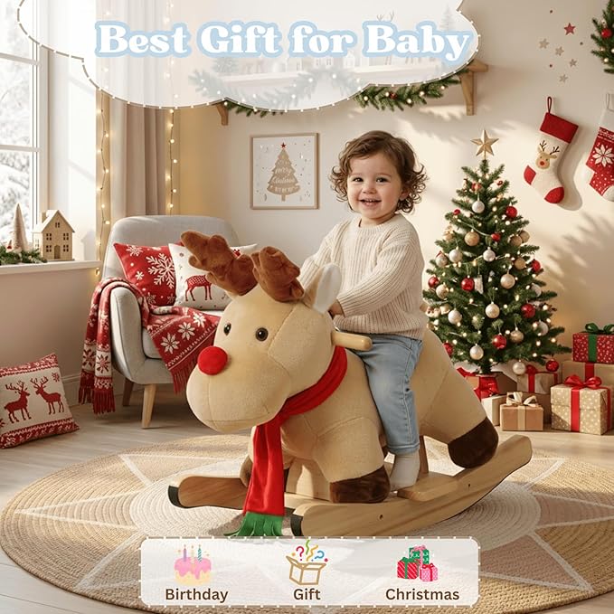 Rocking Horse Baby, Plush Stuffed Rocking Toy for 1-3 Year Old Toddlers, Wooden Reindeer-Shaped Rocking Toy, Apricot Reindeer
