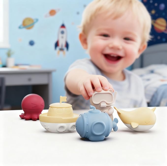 MarcZero Ocean Silicone Bath Toys 8Pcs for Toddlers Kids Babies,Bathtub Water Toys,Soft Squeezable Easy-Grip Pool Toys Set (Yellow)