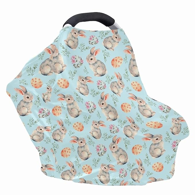 Wanyint Easter Rabbit Eggs Flower Blue Car Seat Covers for Boys Girls, Nursing Cover Carseat Canopy Baby Breastfeeding Cover Multi-use Nursing Scarf Infant Stroller Cover