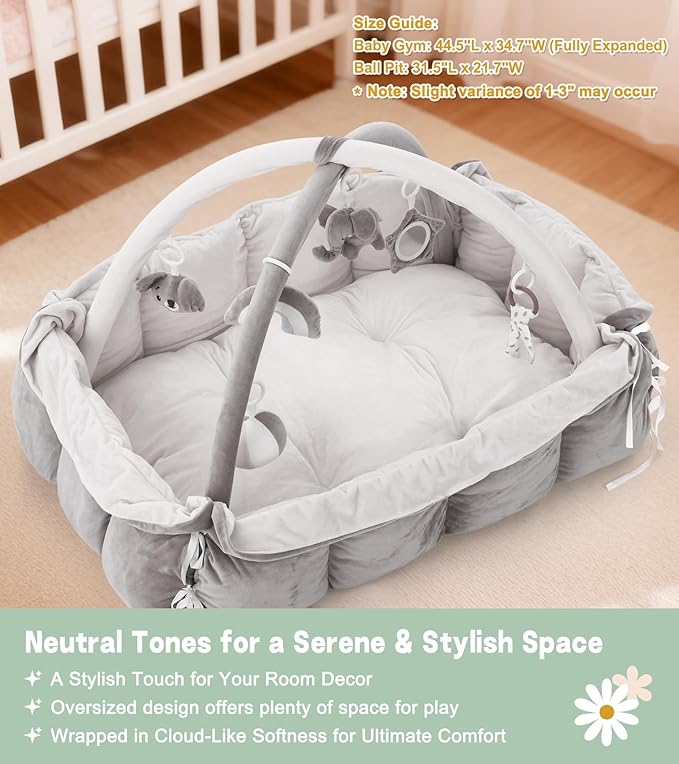 5-in-1 Baby Play Gym and Tummy Time Mat, 12 Learning Cards, Plush Activity Mat with 6 Toys, Baby Gym, Convertible to Ball Pit, Baby Gift, Grey