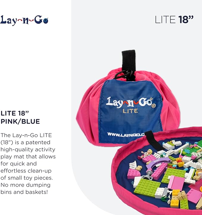 Lay-n-Go Layflat Portable Drawstring Cinch Storage Toy & Mini Figures Organizer & Play Mat, Mesh Pockets, Home & Travel, Kids & Toddlers Playdates, 2 Straps for Backpack, Durable, Machine Washable