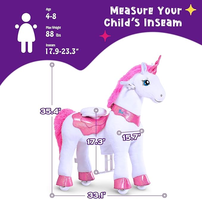 PonyCycle Unicorn Ride on Toys for Girls Horse Spirit Toys, Essential Model E Size 4 for Kids Age 4-8/35.4" Height, Birthday Gifts Plush Walking Animal Giddy up Riding Toys Ride on Pony Pink E412