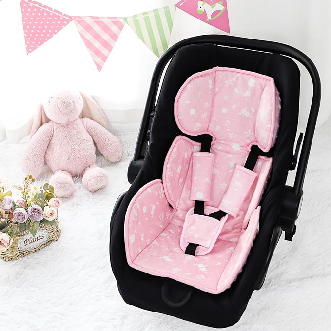 Infant Car Seat Insert, 3 in 1 Ultra-Thick Newborn Carseat Insert with Strap Covers for Girls, Man Fai Sky Universal Car Seat Head Support Baby for Carseat, Strollers, Swings, Bouncer (Pink)