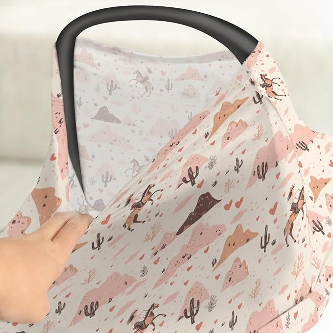 Pink Western Cowgirl Love Baby Car Seat Covers Retro Cowgirl Cactus Horse Stretchy 5-in-1 Cover Adjustable Infant Carseat Canopy Cover Wild Desert Country Breathable Nursing Cover-Up
