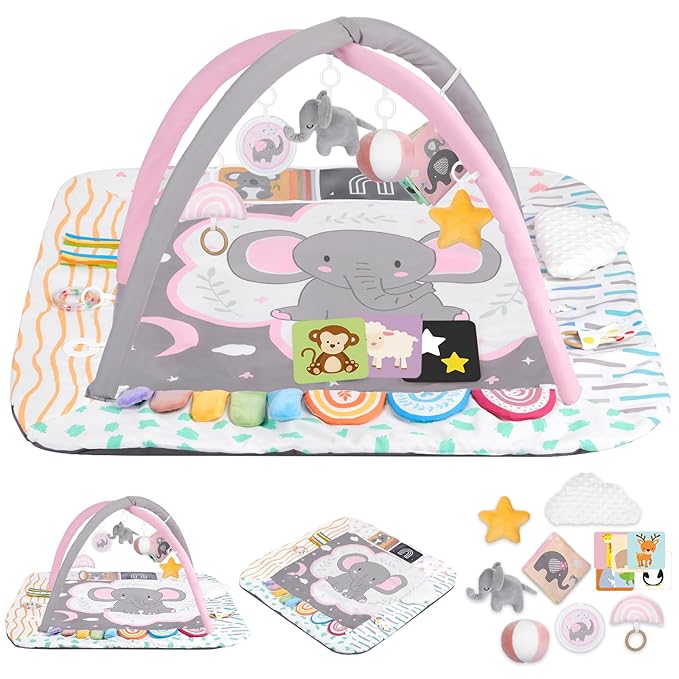 Baby Play Mat Activity Gym, 6 Developmental Zones Tummy Time Mat, 6 Detachable Sensory Toys and Educational Cards, Essential Baby Shower Set, Pink Elephant
