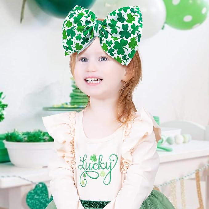 Hairband - St. Patrick's Day 7" Baby Bows Headbands with Clover Print Waffle Material - One Size Fits All - Hair Accessories for Infant Toddler - Gift Idea