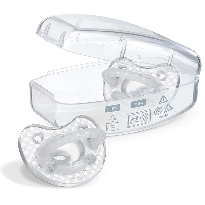 Chicco PhysioForma Luxe Orthodontic Pacifier for Babies 16-24 Months, One-Piece 100% Soft Silicone, Supports Breathing, Textured Shield & Handle, Included Sterilizing Case, BPA Free, 2-Pack, Crystal