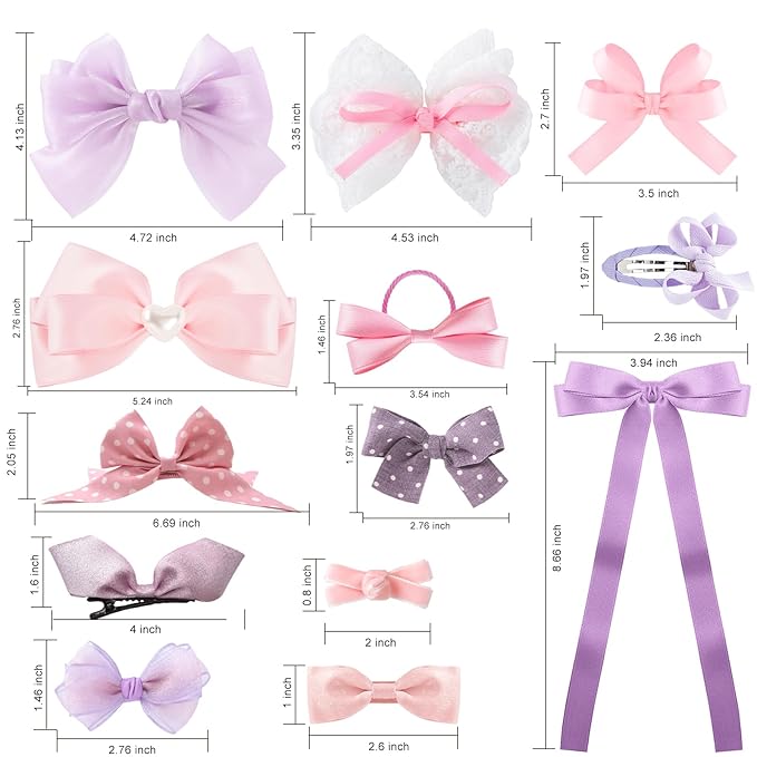 18pcs purple & pink hair bows for girls. cute bows with alligator clips, bow hair ties, snap-clip hairpins. Handmade hair accessories gift set for girls.