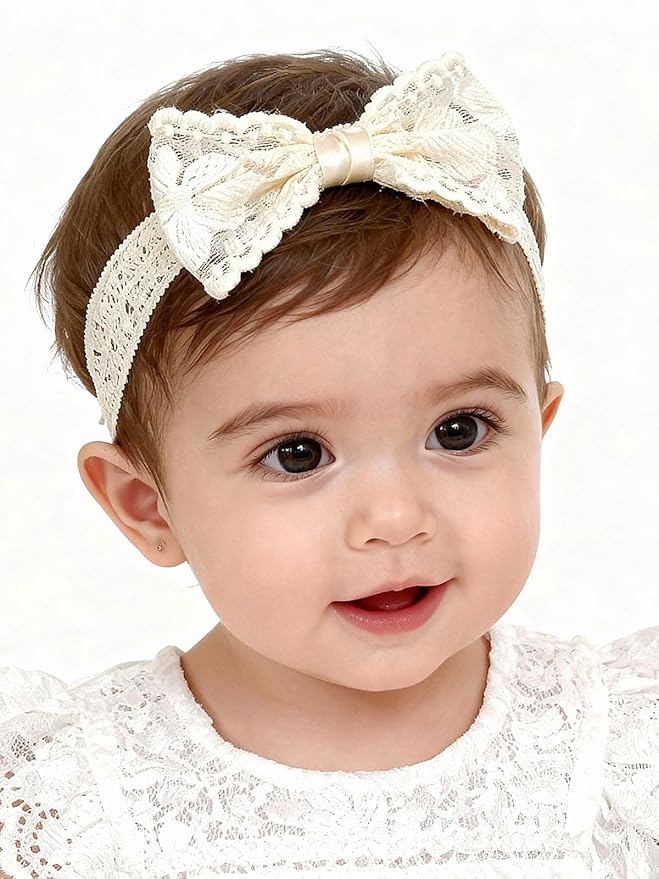 Baby Girls Bow Lace Headband Cute Soft Hairband White Butterfly Knot Headbands for Newborn Infants Toddlers Kids Christening Baptism Birthday Party Hair Accessories（Big flower bow）