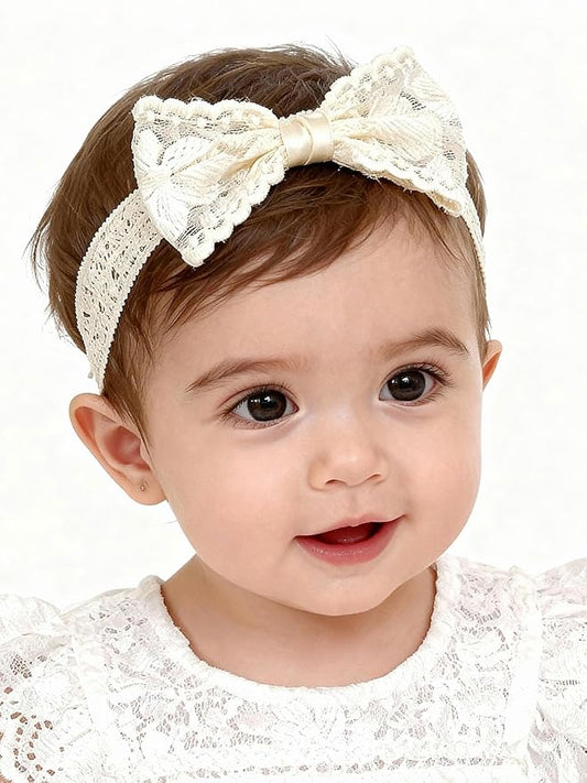 Baby Girls Bow Lace Headband Cute Soft Hairband White Butterfly Knot Headbands for Newborn Infants Toddlers Kids Christening Baptism Birthday Party Hair Accessories（Big flower bow）