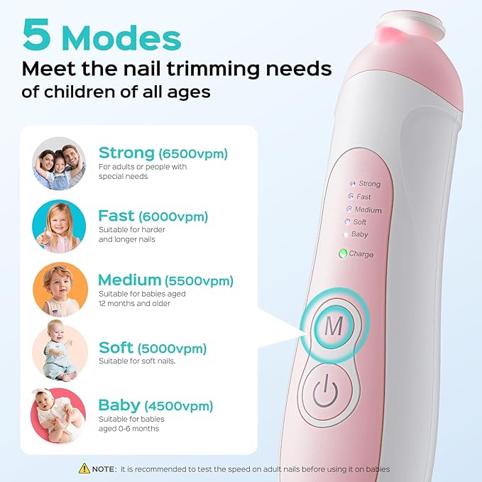 COSLUS C52 Rechargeable Baby Nail File: Cordless Baby Nail Trimmer Electric with 5 Speeds & 6 Grinding Heads for Baby Kid, CPC Certified and Quiet Design - Safe for Sleep Trim Buffer, Pink