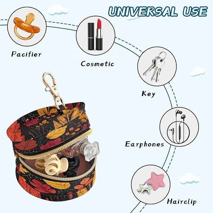 Pacifier Holder with Clip Pacifier Case for Diaper Bag Round Baby Pacifier Pouch Box Bag Portable Autumn Leaf Pattern Colorful