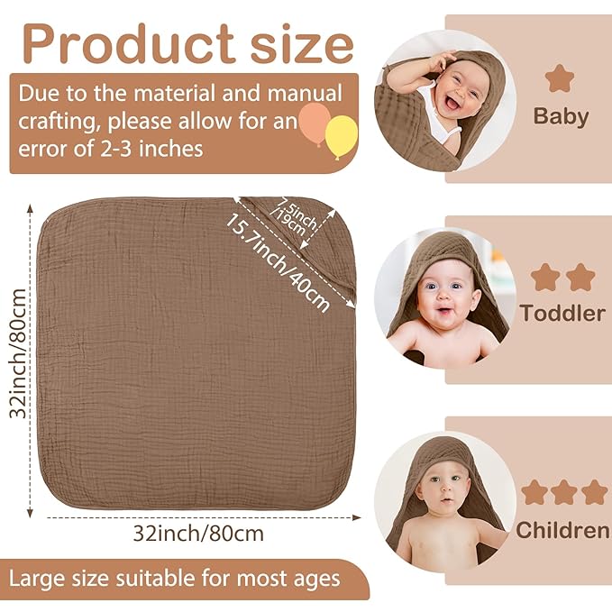Peryiter 6 Pcs Muslin Hooded Baby Towels 32 x 32 Inch Cotton Newborn Bath Essentials Muslin Infant Blankets Absorbent Registry Gifts for Girl Boy Kids Baby Shower (Yellow,Blue,Green,Orange)