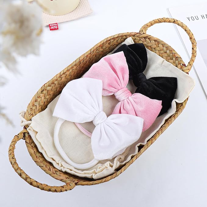 YanJie Newborn Velvet Nylon Soft Elastics Bows Hairbands and Hair Accessories for Infants, Toddlers, Child (Black White Pink)