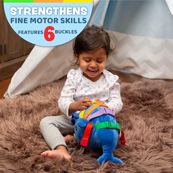 Buckle Toys - Blu Whale - Develop Motor Skills and Problem Solving - Counting and Color Recognition - Easy Travel Toy - Learning Material - Pre K Activity Stuffed Animal