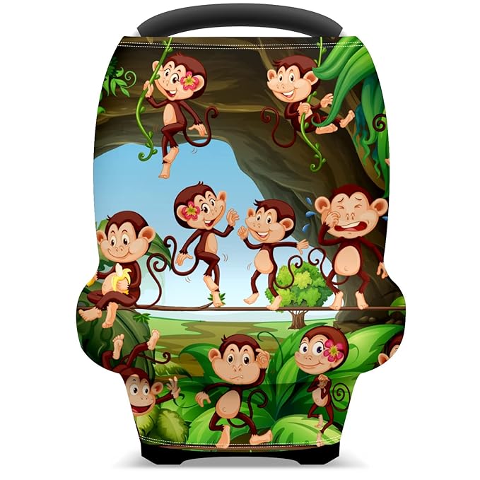 Baby Car Seat Stroller Covers Forest Cute Monkeys Nursing Cover Breastfeeding Scarf Soft Breathable Stretchy Infant Car Canopy Coverage Carseat Cover for Boys and Girls Multi Use
