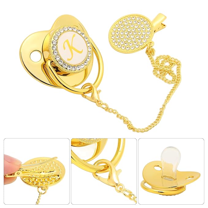 Baby Pacifier, Pacifier Curved Design 26 Letters Baby Pacifier with Chain Clips for Newborn (K)