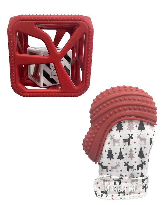 Malarkey Kids Holiday Gift Pack: Munch Mitt and Chew Cube Duo - Perfect Teething Treats for Babies and Toddlers - Red
