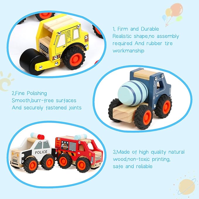 6Pcs Wooden Cars for Toddlers 1-3,Car Toys,Push and Go Vehicle,Kid Vehicle Toys,Hand Push Car Toys for 1+ Year Old,Montessori