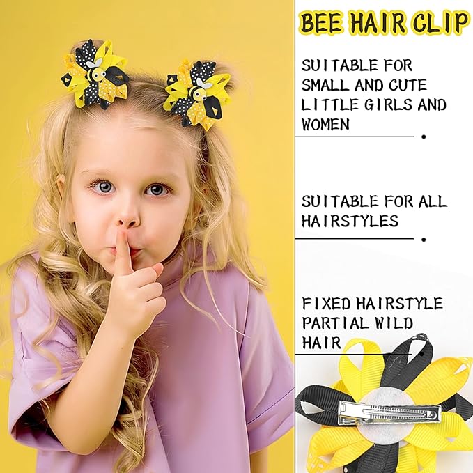 Bee Bow Hair Clips Cute Bee Hair Bows Hair Barrettes Honeybee Yellow Black Polka Dot Bows Hair Pins Spring Hair Accessories for Girls Toddlers Teens Animal Themed Birthday Party Supplies 2PCS