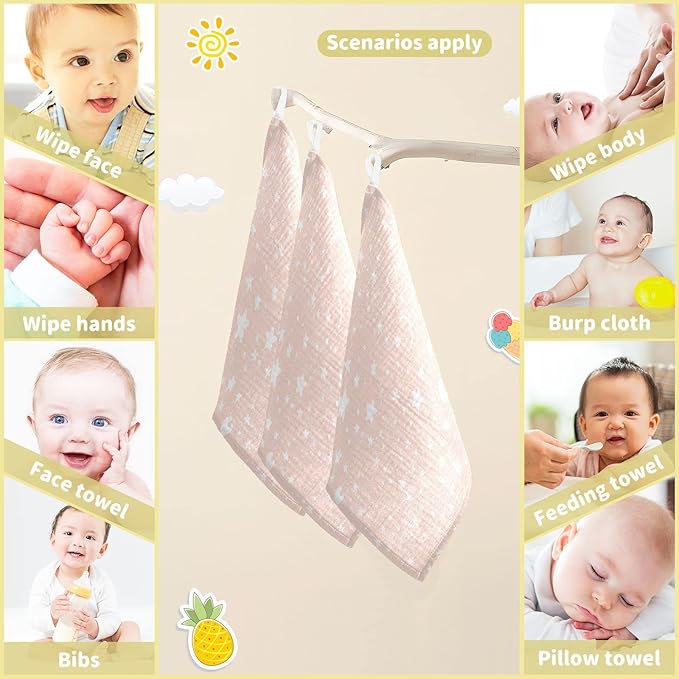 vvfelixl Moon Star Baby Burp Cloths, Baby Muslin Washcloths for Boys Girls, Cotton Baby Face Towel for Newborn Infants Soft and Absorbent 11.8 X 11.8 in, 5 Pack Pink