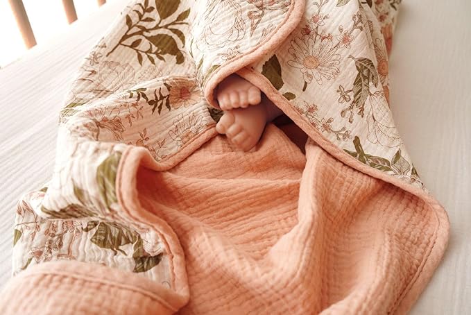 Little Jump Muslin Hooded Baby Bath Towels - 2 Pack 100% Cotton Towel for Babies, Infants, Toddlers - 32x32Inch - Highly Absorbent and Newborn Essential (Vintage Blossom)