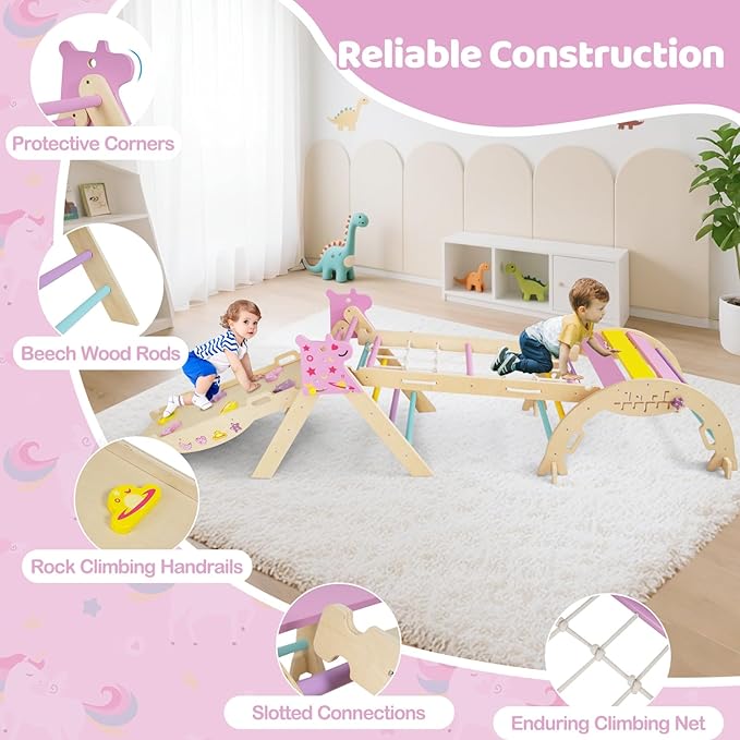 Costzon Pikler Triangle Set, 9-in-1 Foldable Baby Climbing Toys, Wood Montessori Climbing Set for Learning and Motor Skills, Indoor Playground Jungle Gym for Toddlers 3+ Climber Gifts (Pink)