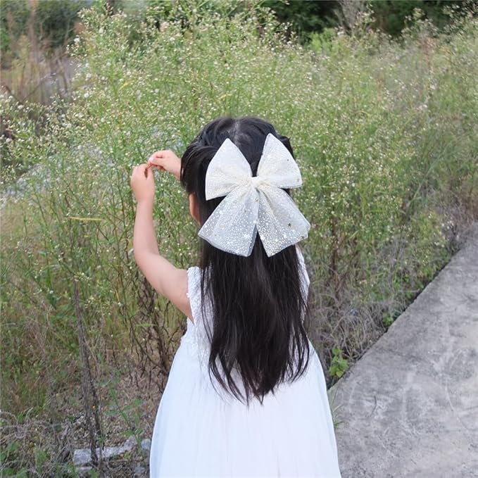 Large Tulle Bow Hair Clips for Baby Girls - Lace Hair Bows, Women's Cottagecore Barrettes - Lightweight Gauze - Moon Star & Blue Foil