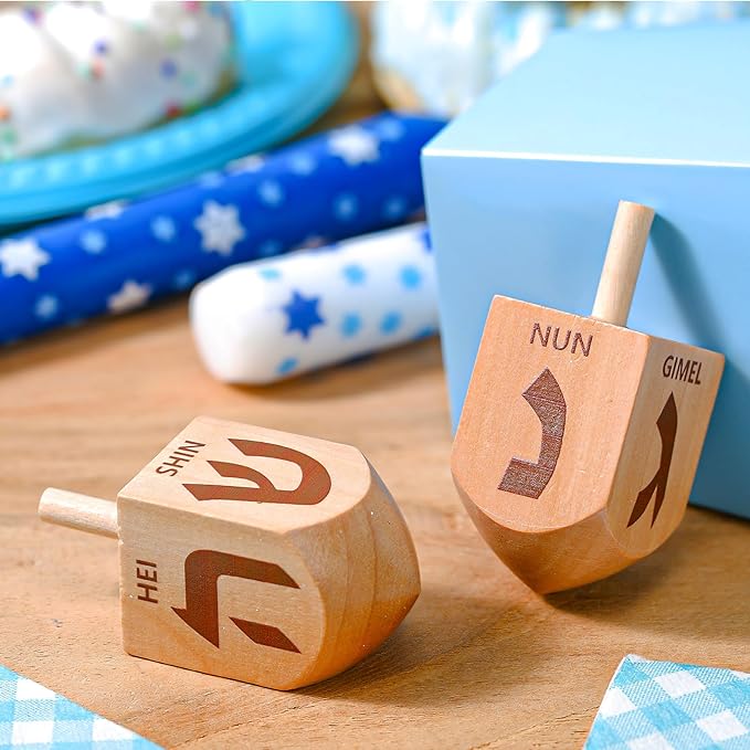 Wonderjune 2 Pcs Hanukkah Dreidels Extra Large Wooden Dreidel for Hanukkah Decoration with English Transliteration, Forever Spinning Tops Party Favors(Simple)