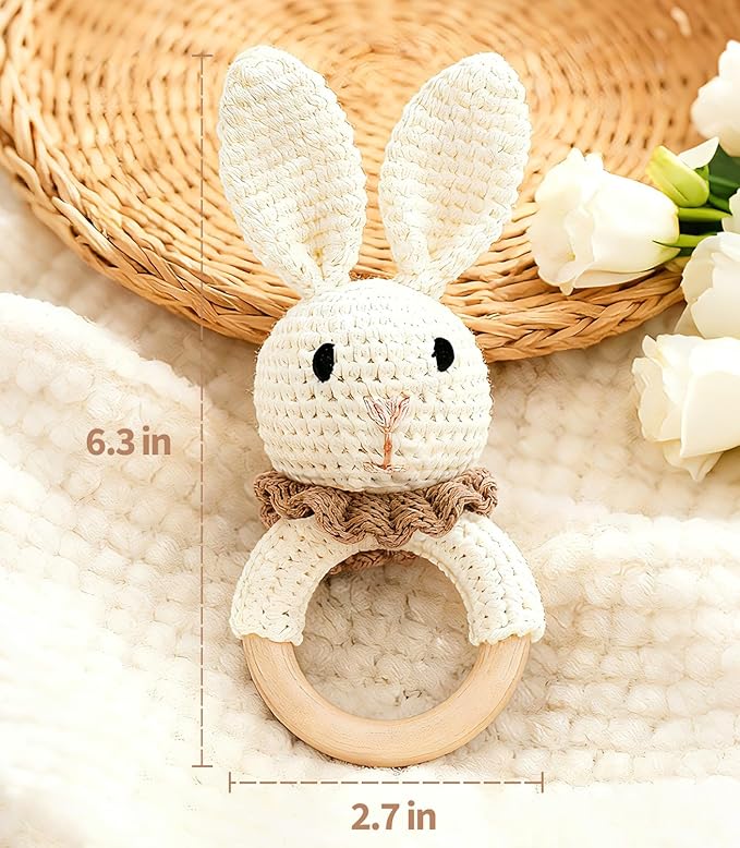 Baby Rattle Toys, Handcrafted Crochet Bunny Rattles with Wooden Teething Ring, Organic Newborn Toy Crochet Stuffed Animal Rattle Baby Announcement Ideas, Beige