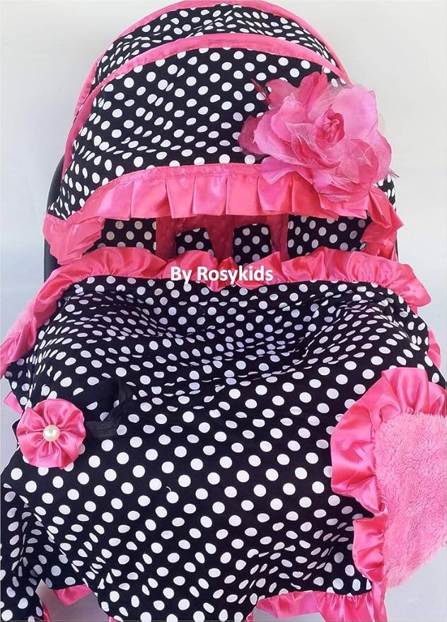 Rosy Kids Infant Carseat Canopy Cover 4pc Whole Caboodle, Baby Car Seat Cover Baby Blanket Outdoor Kit, Black Ground Polka Dot Hot Pink