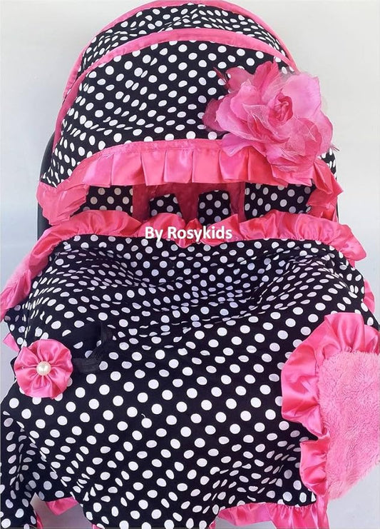 Rosy Kids Infant Carseat Canopy Cover 4pc Whole Caboodle, Baby Car Seat Cover Baby Blanket Outdoor Kit, Black Ground Polka Dot Hot Pink
