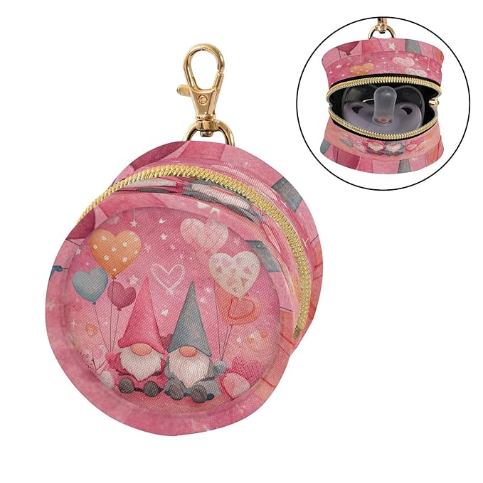 Pacifier Holder with Clip Pacifier Case for Diaper Bag Round Baby Pacifier Pouch Box Bag Portable Valentine Gnomes Hearts Pink