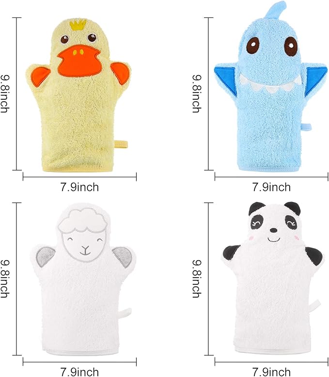Shappy 4 Pieces Baby Bath Mitt Washcloths Gloves Panda Toddler Soft Washcloths for Kids Designed in Cute Animal Yellow Duck Shark Sheep Cotton Towel Gentle Scrub for Baby Girl Boy Bath Shower