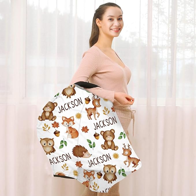 Personalized Baby Car Seat Cover Stroller Canopy: Custom Name Newborn Baby Boy Girl Elastic Animals Nursing Cover for Moms First Birthday Gift Fox Hedgehog(one Size)