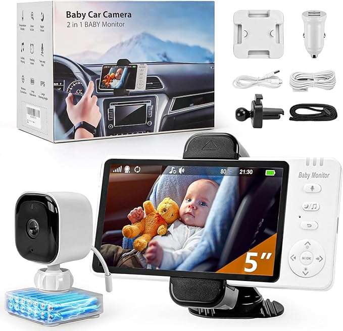 2000mAh Wireless Baby Car Camera 3500mAh Monitor Auto On/Off Car Baby Camera Monitor No Wifi - Carseat Mirror with Brightness Volume Zoom/Night Vision/Temp/Feeding/2-Way Talk/8 Lullaby/Vox