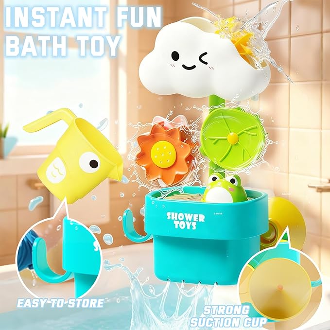 Bath Toys for Toddlers 1-3, Cloud Rain Watering Toy with Rising Frog & Spinning Lotus - Interactive Sensory Play for Bathtub, Educational Gift for Baby Boys Girls 18M+