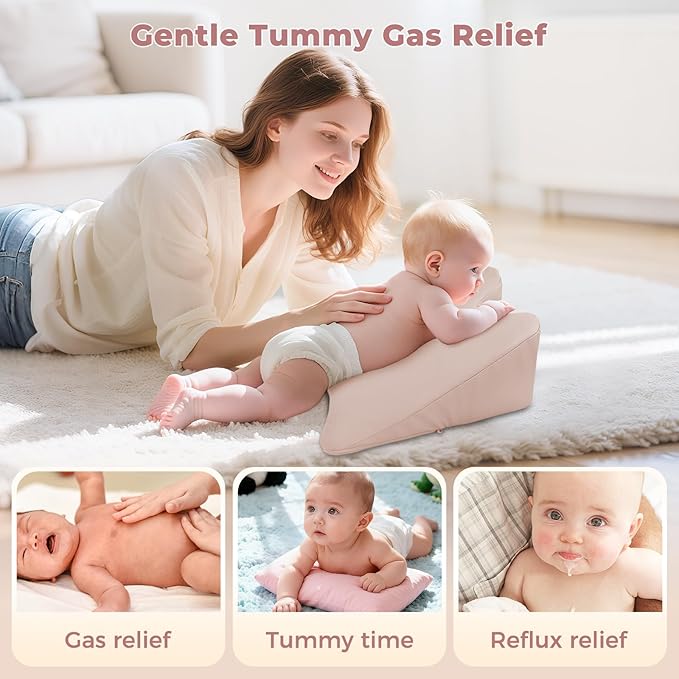 EKEPE 2026 Upgraded Nursing Reflux Prop with Leather Cover for Baby Gas, Colic Relief & Burp, Memory Foam Tummy Time Prop for Infant 0-12 Months Feeding, Neck, Shoulder and Body Support - Pink